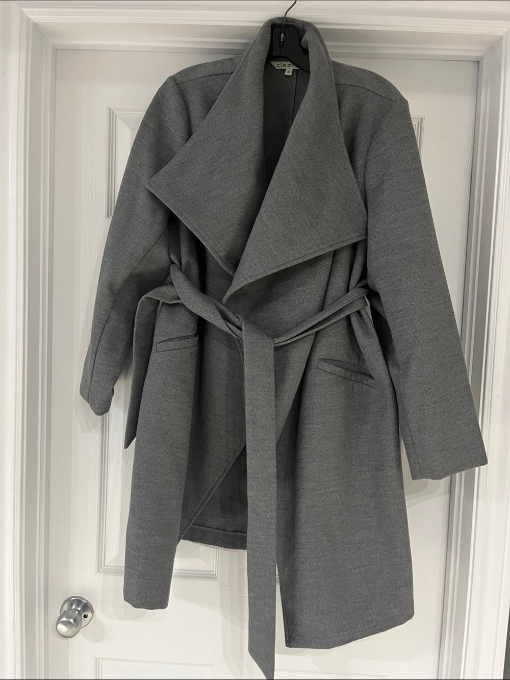 cleo Charcoal Grey Draped Wrap Coat with Self-Tie Belt
